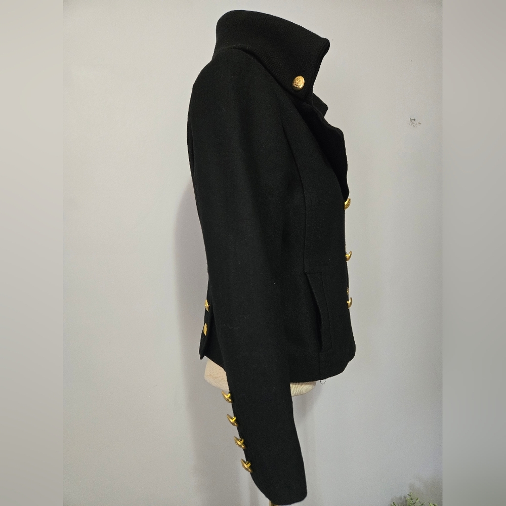MAX MARA Virgin Wool Cropped Black Peacoat. Gold Buttons, High Ribbed Collar. M - Picture 4 of 12
